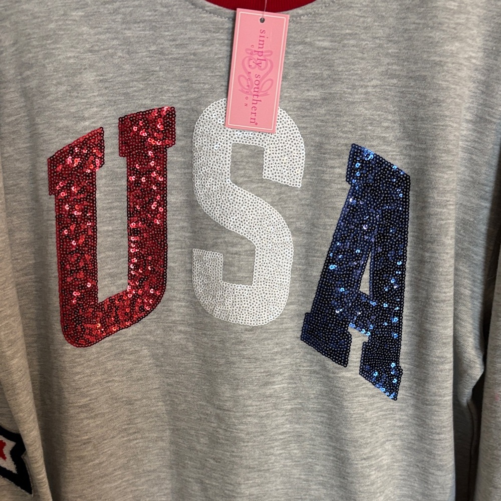 Simply Southern Gray Sweatshirt with Red, White & Blue Sequin Details & Star YL - Picture 3 of 5